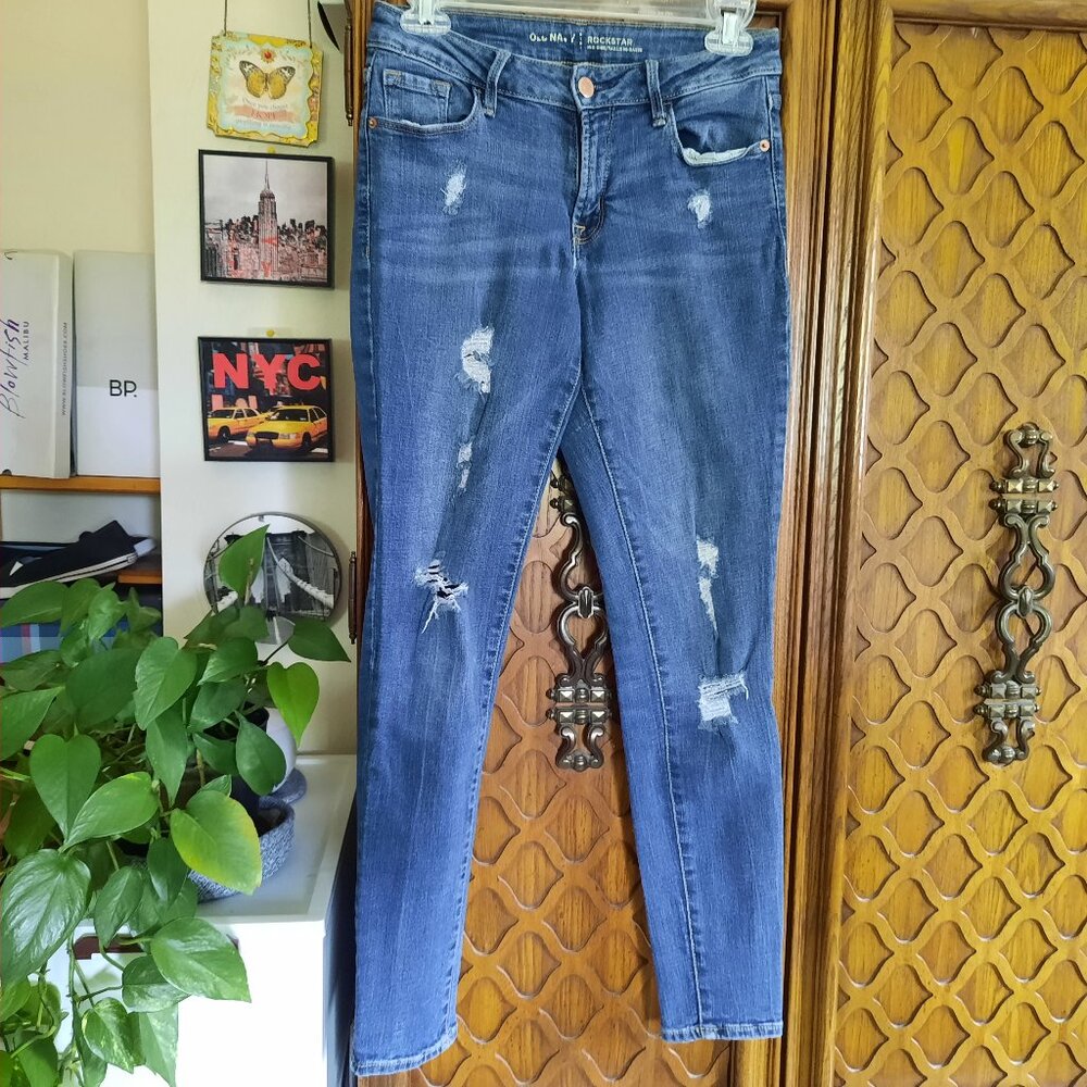 Old Navy Mid-Rise ROCKSTAR Distressed Skinny Jeans - Darkwash, Size 4